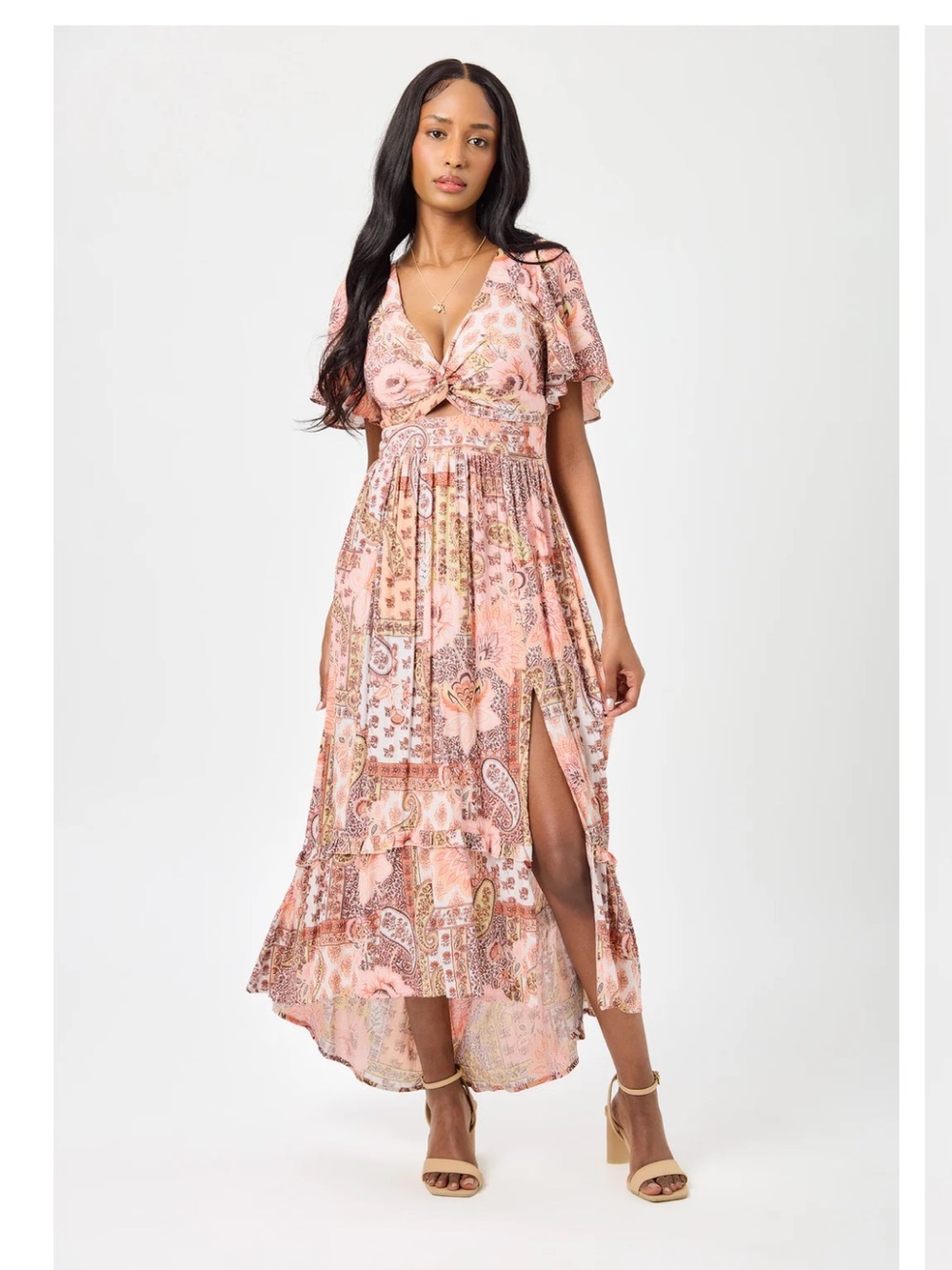 Angie Pink Paisley High-Low Maxi Dress with Front Slit